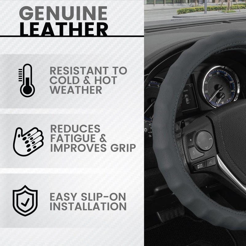 BDK SW-899-SG Leather Car Steering Wheel Cover Size 13.5 to 14.5" Universal Fit, Easy Installation, Small, Gray - Image 2
